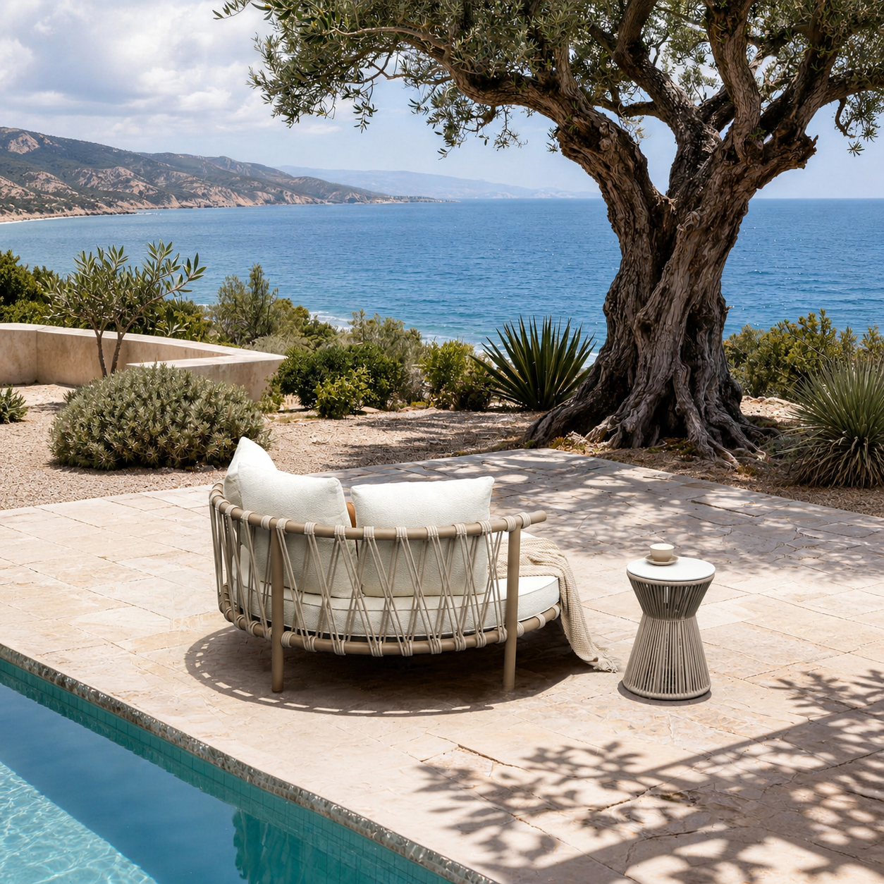 Set lounge con daybed rotondo e tavolino